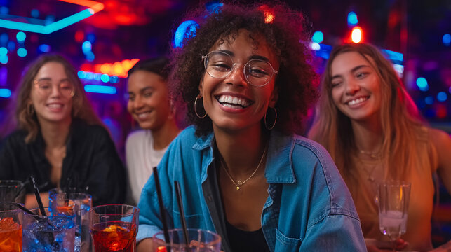 Friends enjoying drinks together in colorful nightlife setting after work. Concept of modern after-hours culture, bar promotion, beverage marketing, and social relaxation habits.