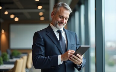 Happy middle aged business man ceo wearing suit standing in office using digital tablet. Smiling mature businessman professional executive manager looking away thinking working on tech device.