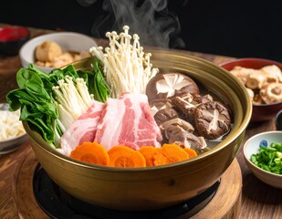 Steaming Japanese Nabe Hot Pot with Pork, Mushrooms, and Fresh Vegetables.