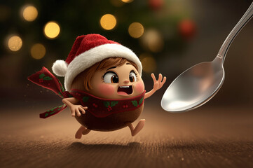 Playful 3D cartoon cocoa bean in Santa hat chasing a shiny spoon with Christmas tree bokeh in background. Fun holiday character concept.
