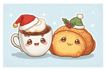 Kawaii hot cocoa mug with whipped cream and Santa hat beside smiling yule log with holly. Adorable Christmas dessert cartoon on blue background.