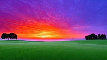 A vibrant landscape featuring a green field, trees, and a stunning sunset with vivid colors of orange, purple, and blue.