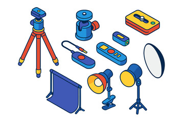 Photography Equipment Icons. Isometric vector illustration set Film and photography – tripod stand, ball head mount, quick release