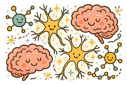 Joyful Brain Activity. Magical doodle cognitive enhancement study with smiling brains, cartoon stimulant molecules bouncing,