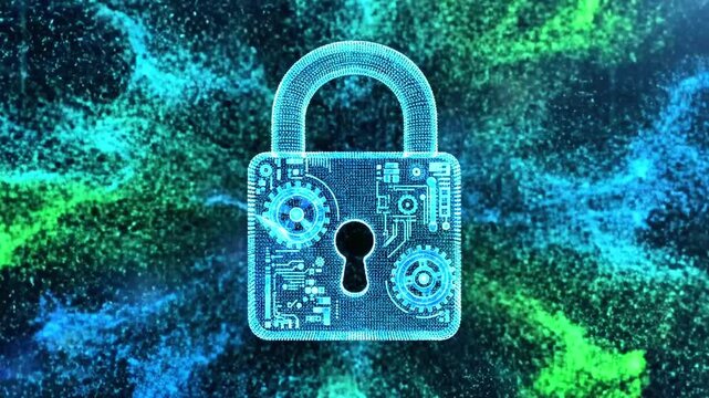 Digital lock composed of particle effect, blue and green, set against dark tech grid