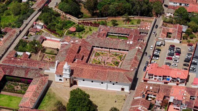 circle pan drone shot of the historic colonial convent of villa de leyva, a famous tourist destination in boyaca, colombia