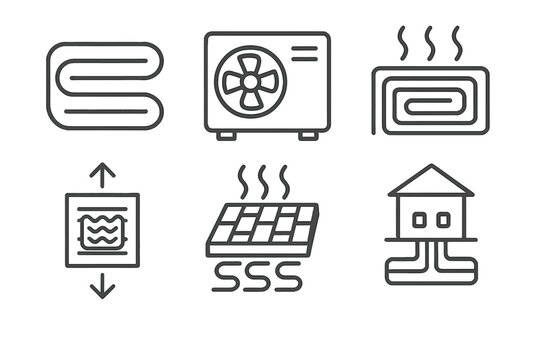 Geothermal Heating Icons. Line style icons of geothermal heating systems: ground loop coil, heat pump unit, radiant floor pipe,