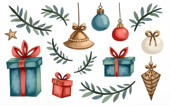 Gifts presents Watercolor Blue White Green Red New Year Christmas Ornament Stickers Illustration Background Set DIY Craft Jingle Bells Holidays Thanksgiving Winter card template celebration 2025 2026