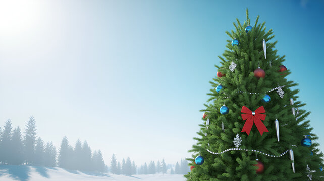 Celebrate holiday cheer with a beautiful Christmas tree against a frosty landscape, perfect for festive greetings and seasonal promotions during winter time