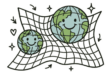 Playful Doodle World. Playful doodle projection distortion illustration with happy world maps, cartoon grids bending playfully,