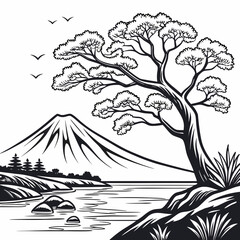 Iconic Serene Stylized Japanese Ukiyo-e Mountain View