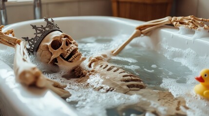 An amusing portrayal of a skeletal figure in a bubble-filled bathtub, wearing a crown, surrounded by playful rubber duckies, creatively showcasing a blend of humor and relaxed vibes.