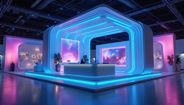 Modern futuristic exhibition booth design with neon blue lighting and cosmic screens. This setup is perfect for tech events product launches or brand showcases offering interactive engagement.