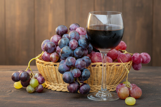 Black and red grapes in a basket and red wine in a glass on a wooden table.