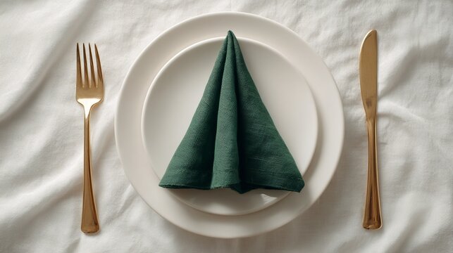 Dining table setting with green napkin