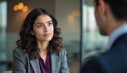 Confident woman at job interview with male recruiter in office. Female applicant listens to questions from hiring manager. Businesswoman discusses career opportunity for corporate vacancy during