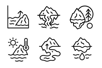 Obraz premium Glacial Impact Icons. Line style icons of environmental impact from glaciers: sea level rise chart, glacier loss affecting rivers,