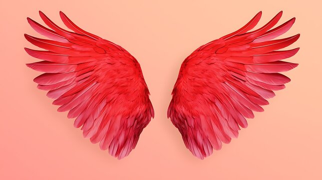 Exquisite scarlet bird wing art concept, Vibrant Red Angel Wings Against Soft Peach Background