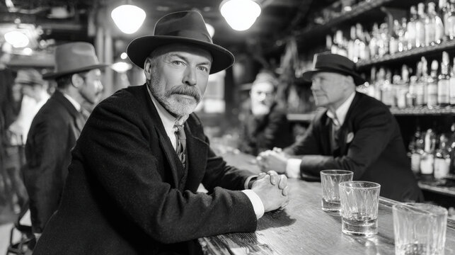 Professional man sitting at a vintage bar counter with a serious look. Concept of after-work solitude, quiet reflection, personal pause, and slow-paced end-of-day routine.