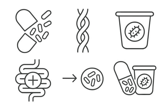 Probiotic Prebiotic Icons. Line style icons of Probiotics and Prebiotics: capsule with bacteria, dietary fiber strand, yogurt cup