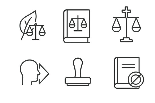 Natural Law Icons. Line style icons of Natural Law vs. Positivism: nature leaf with scales, man-made law book, divine justice beam