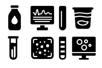 Dairy Spectral Icons. Solid style icons of dairy and liquid spectral scan: milk fat signature, spoilage layer heatmap, beverage