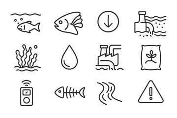 Fototapeta premium Coastal Pollution Icons. Line style icons of Coastal Pollution: Dead Zone, Fish Gill, Low Oxygen, Nutrient Overflow; Algae Bloom,