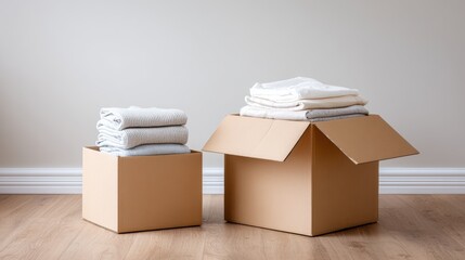 Stacked cardboard boxes filled with neatly folded towels and linens on wooden floor, showcasing the moving house concept with organized packing and minimalistic decor