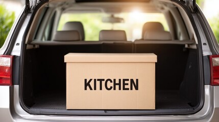 Moving house with cardboard box labeled kitchen, placed in the back of an SUV, symbolizing the transition to a new home and the organization of belongings