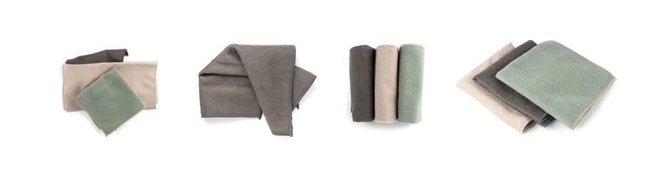 Cleaning cloth isolated, beige, grey, green wipe rag, cleaning microfiber towel, wiping cotton