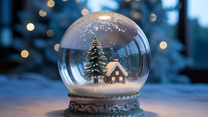 Enchanting snow globe featuring a quaint cottage and evergreen, perfect for holiday greetings, winter decor, and cozy seasonal designs that evoke warmth and nostalgia