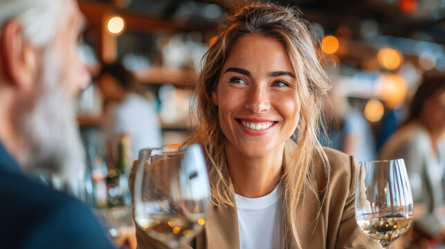 Smiling woman enjoying a glass of white wine in a warm restaurant setting. Concept of after-work unwinding, hospitality marketing, casual social dining, and relaxed lifestyle visuals.