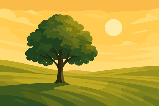 Golden Hour Serenity. Golden hour shot of a single tree standing in vector illustration an expansive green field, soft warm