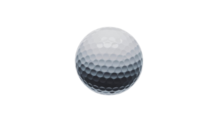 A white, dimpled golf ball, realistically rendered in 3D with detailed shading, presented on a solid transparent background. background removed