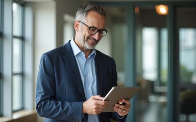 Happy middle aged business man ceo wearing suit standing in office using digital tablet. Smiling mature businessman professional executive manager looking away thinking working on tech device.