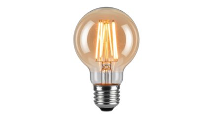 Isolated bright LED filament bulb, vintage amber glass, clear view of glowing vertical filaments, warm light, energy efficient illumination. background removed