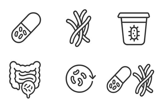 Probiotic Prebiotic Icons. Line style icons of Probiotics and Prebiotics: capsule with bacteria, dietary fiber strand, yogurt cup