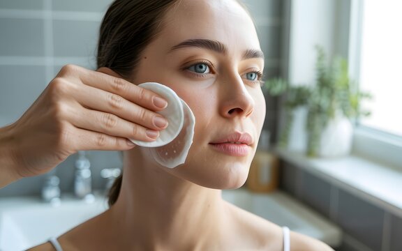 Young woman performing daily skincare routine, cleansing face with cotton pad, fresh and healthy skin, natural beauty, self-care, wellness, morning ritual, glow - Powered by Adobe