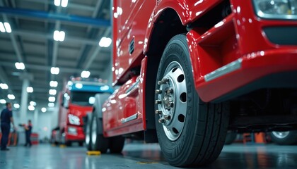 Naklejka premium Bright red modern semi truck stands in large clean vehicle service station. Skilled mechanic workers perform detailed inspection, maintenance on heavy transport. Auto repair shop interior shows