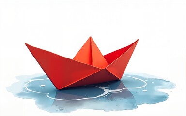 Obraz premium Red origami boat floating on water with watercolor splashes. High quality