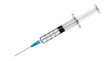 Fototapeta premium A disposable medical syringe featuring a clear barrel, volume markings, a plunger, and a sharp blue-capped needle, for injections or aspirations. background removed
