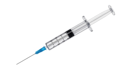 A disposable medical syringe featuring a clear barrel, volume markings, a plunger, and a sharp blue-capped needle, for injections or aspirations. background removed