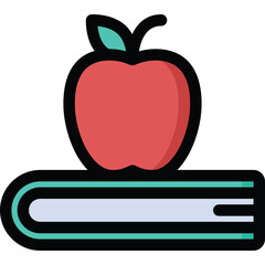 Red Apple Resting on an Open Book with Teal and White Pages and a Teal Leaf on a Transparent Background