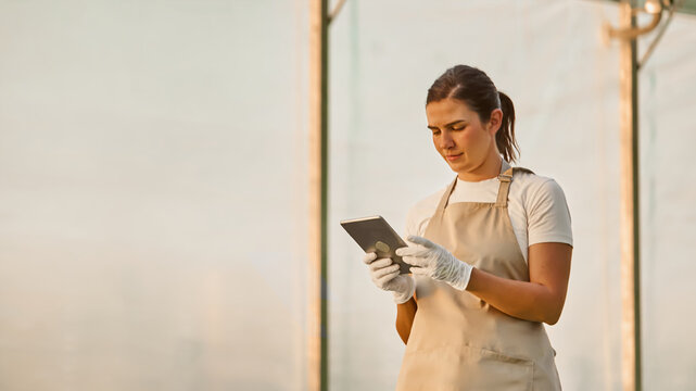 Portrait of a woman greenhouse technologist or farmer examines the quality of the plants and notes observations on digital tablet, ensuring healthy growth and production in greenhouse.  - Powered by Adobe