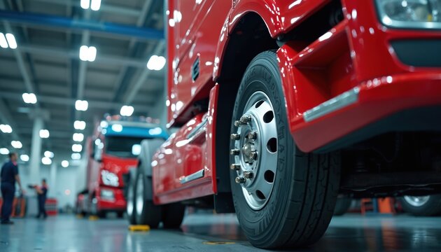 Bright red modern semi truck stands in large clean vehicle service station. Skilled mechanic workers perform detailed inspection, maintenance on heavy transport. Auto repair shop interior shows - Powered by Adobe