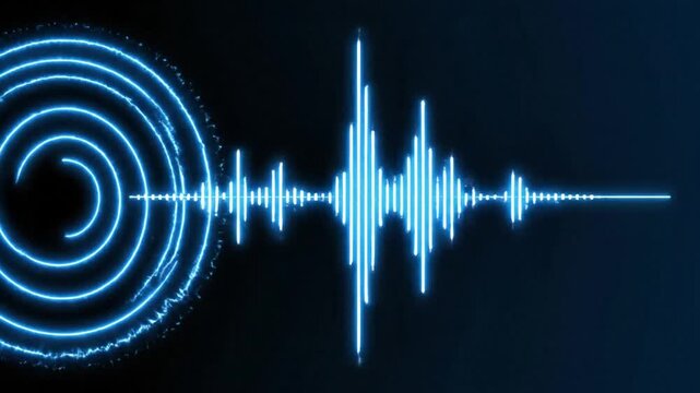 Blue glowing sound wave equalizer with concentric circles on a dark background, representing audio technology or energy