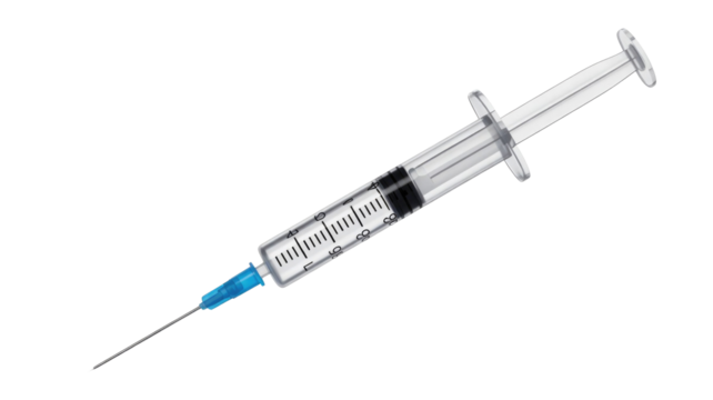 A disposable medical syringe featuring a clear barrel, volume markings, a plunger, and a sharp blue-capped needle, for injections or aspirations. background removed