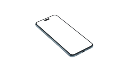 Modern smartphone with a blank white screen mockup, presented in an angled, isolated view on a transparent background, ideal for app and website showcases. background removed