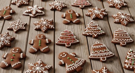 Festive gingerbread cookies with intricate icing decorations on rustic wooden surface
