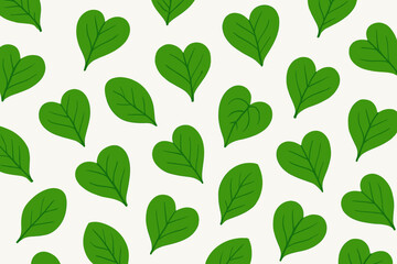Green Heart Leaves Pattern. Minimalist pattern of green heart-shaped leaves arranged on a clean white background, vibrant tones,